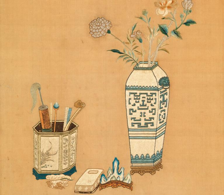 embroidered panel with scholars' objects and vase of flowers