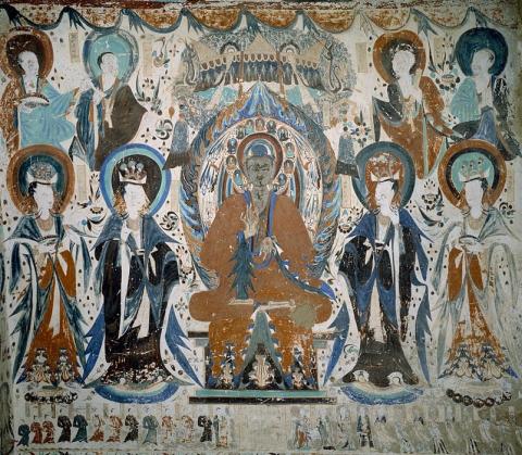 Mogao Cave 285, east wall, north side. Preaching scene.